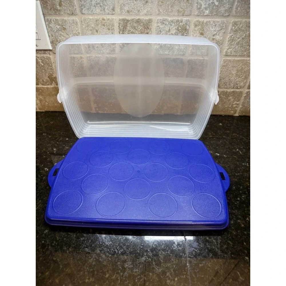 Tupperware Bake N Take Cake Cupcake Rectangle Taker Carrier Blue Clear‎ in EUC